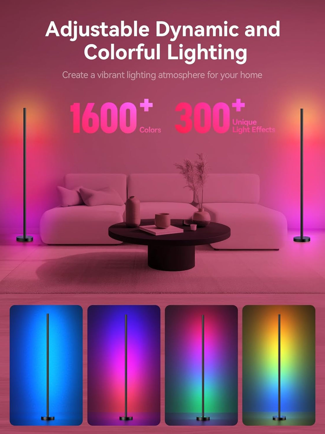 Smart LED Corner Floor Lamp - 16 Million DIY Colors, 68+ Scenes, Music Sync, App & Remote Control, Color-Changing Ambient Lighting for Living Rooms, Bedrooms, and Gaming Rooms