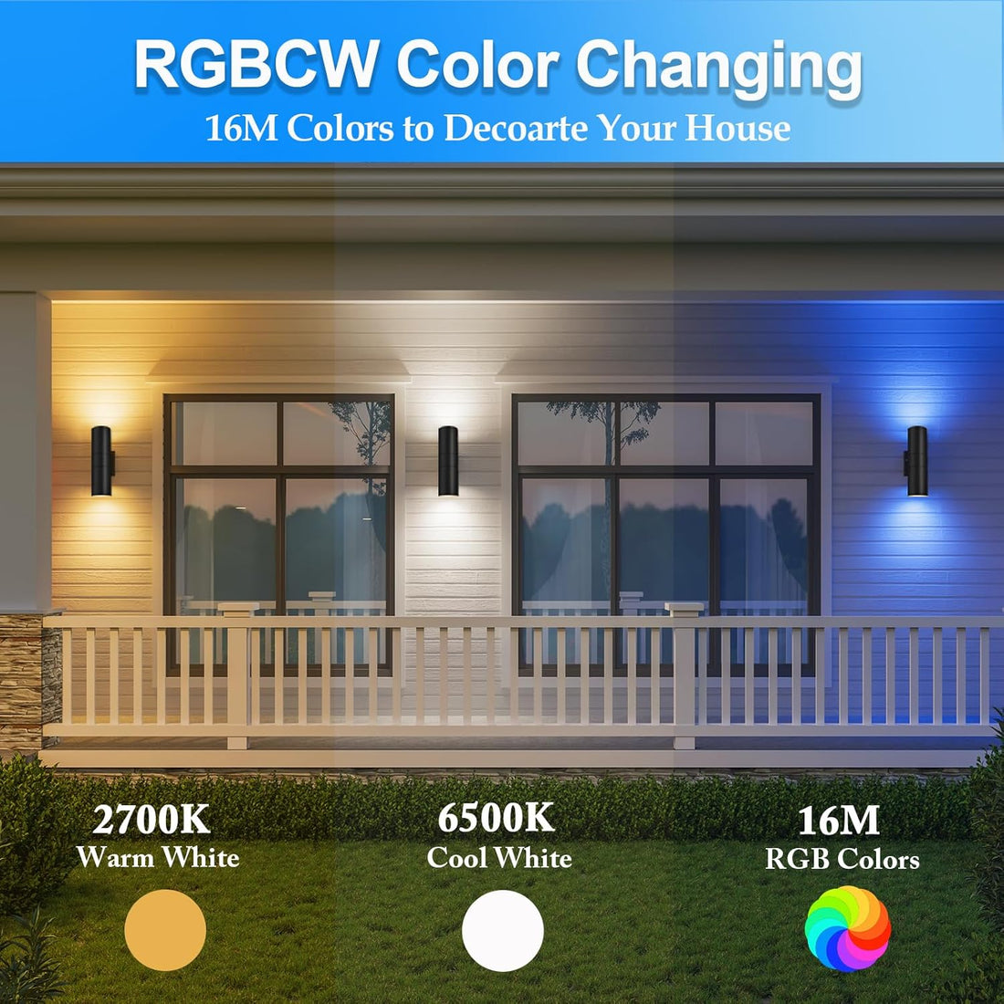 RGB Up Down Outdoor Wall Lights 2 Pack, 1200LM Smart Cylinder Outdoor Lights for House, Color Changing Exterior Lighting Fixtures APP Control Works with Alexa, IP65 Waterproof Porch Light